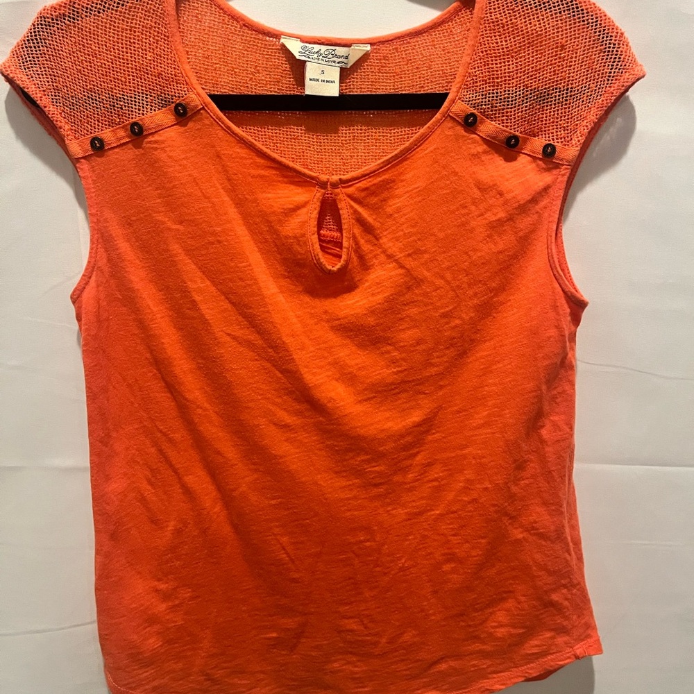 Lucky Brand orange/coral Short Sleeve Top.100%cotton,mesh,spring,summer.